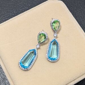 Stunning Silver Drop Earrings with Blue and Green Accents